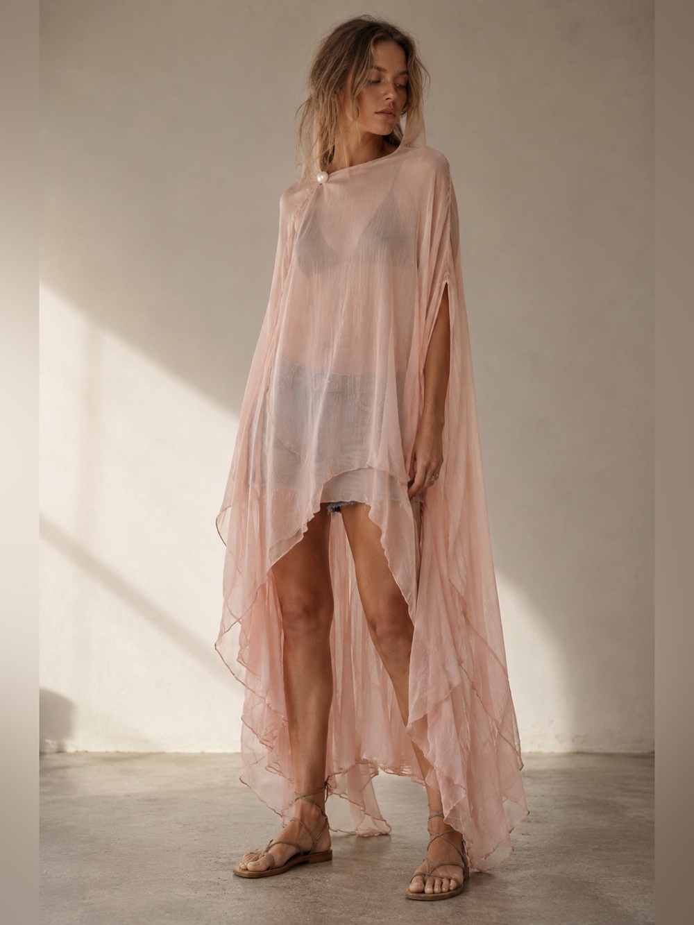 COMMENSE Blush Pink Sheer Chiffon Draped Cape cloak Kimono Duster Size Small